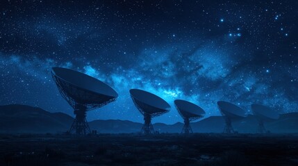 A row of massive satellite dishes in a remote desert, scanning the cosmos under an endless starry sky, depicting scientific research and deep space signals.
