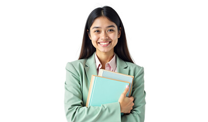 Obraz premium Portrait of a smiling young woman holding books, isolated on white background. Cheerful female student perfect for educational content, e-learning, back to school campaigns.