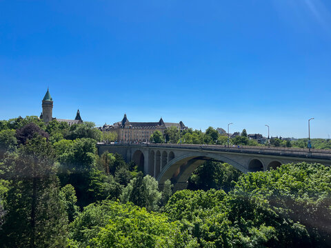 Point Adolphe seen on a sunny summer's day under blue sky. Luxembourg. 2023-05-31