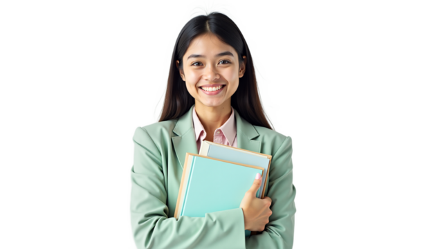 Portrait of a smiling young woman holding books, isolated on white background. Cheerful female student perfect for educational content, e-learning, back to school campaigns.