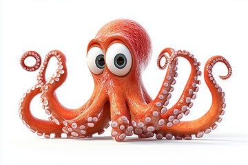 happy little octopus waving all its tentacles, cartoon animation, white background