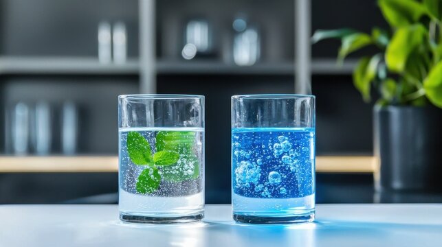 A science experiment setup comparing clear and contaminated water in identical glasses, highlighting water quality.