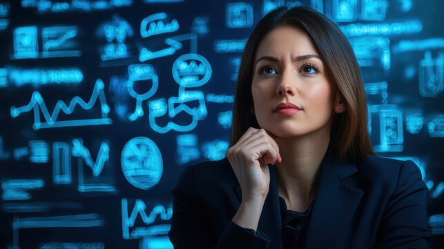 Business woman contemplating strategy with data visualization in background, showcasing analytical thinking and focus
