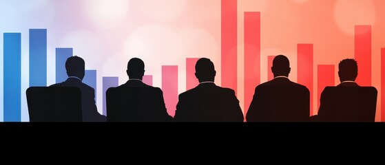 Silhouettes of businesspeople in suits sit before rising and falling bar graphs, symbolizing financial trends and data analysis in a corporate setting.