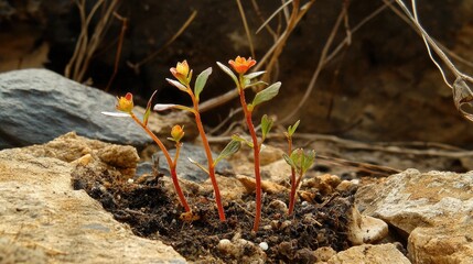 A close-up of moist, nutrient-rich soil, tiny sprouts emerging as a sign of rejuvenation.