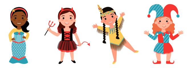 Girls dressed as a mermaid, a joker, an American Indian , a devil.