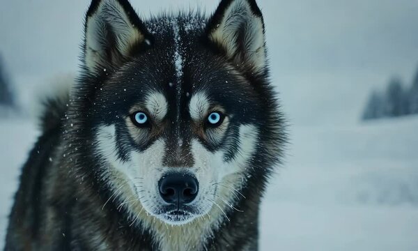 Close-up of a husky dog with striking blue eyes, snow falling on its fur; concept for winter wonderland, animal photography, pet portrait, and wildlife documentary