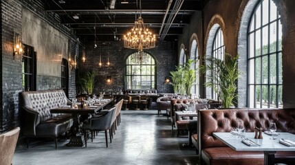 Naklejka premium Modern industrial restaurant interior, spacious dining area, large windows