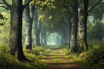 Obraz premium Serene forest path illuminated by soft sunlight during a quiet morning