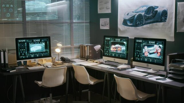Full panning no people shot of computers with professional rendering software, racing car prototypes, futuristic vehicle sketches, drawings and posters, at automotive design studio