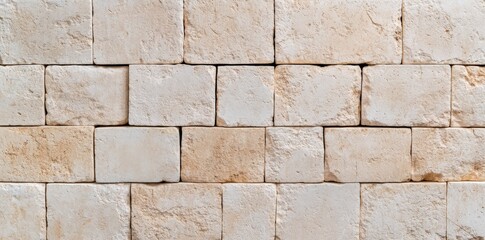 A close-up view of a textured wall made of light-colored rectangular stone blocks arranged in a uniform pattern.