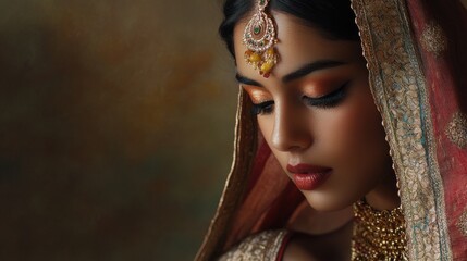 Elegant Portrait of a Young Woman in Traditional Attire with Intricate Jewelry and Rich Textures