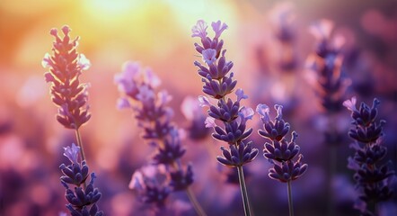 Lavender Blooms Soaking up Golden Sunlight in a Serene Garden During Early Morning Hours