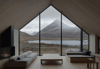 Minimalist Cabin Interior with Mountain Lake View, Copy Space