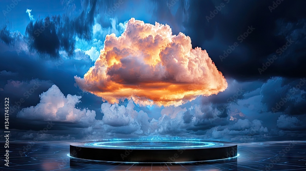 Poster a floating digital cloud with interconnected data streams and futuristic technology visuals.