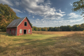Obraz premium Abandoned generative ai depiction of an empty house in a desolate field under a misty sky, showcasing rural decay