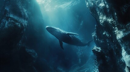 Naklejka premium Majestic blue whale gracefully gliding through deep ocean waters near rock formations