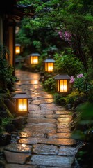 Pathway Illuminated by Lanterns in a Tranquil Garden Setting at Dusk