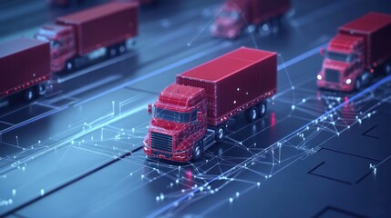 Futuristic red trucks navigating a digital highway with network lines