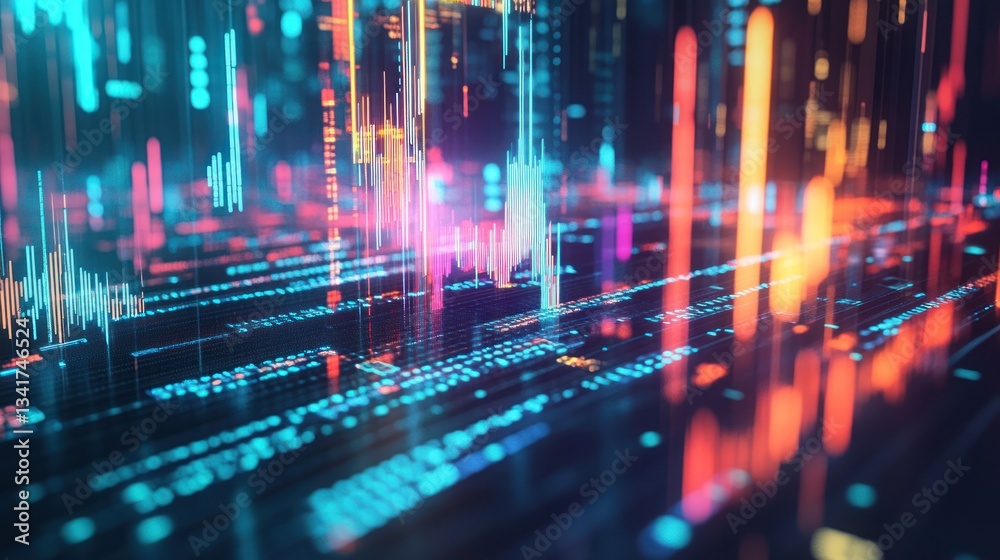 Poster abstract digital data visualization with vibrant colors and patterns