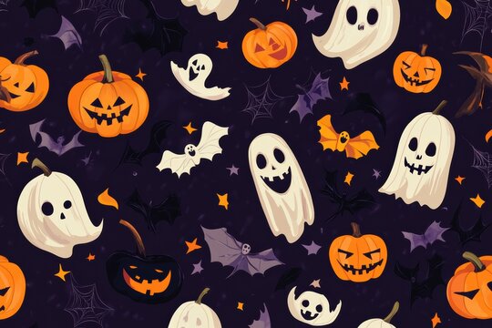 Spooky Halloween pattern with pumpkins and ghosts.