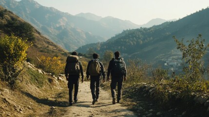 Fototapeta premium Group Of Friends Hiking Together On A Scenic Pathway In The Mountains During Daylight
