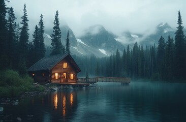 Obraz premium Lakeside cabin at dawn, misty mountains, peaceful reflection
