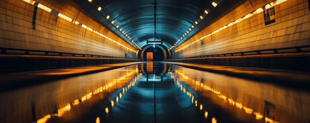 Obraz premium Subway tunnel with reflective water and illuminated arches in a vast empty space