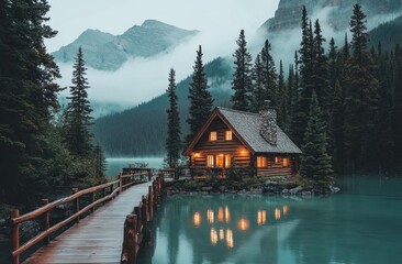Obraz premium Lakeside cabin at misty mountain lake