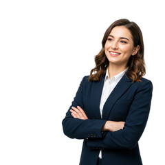 Portrait of cute positive businesswoman wearing formal suit standing with crossed arms and looking away with charming smile isolated on White background