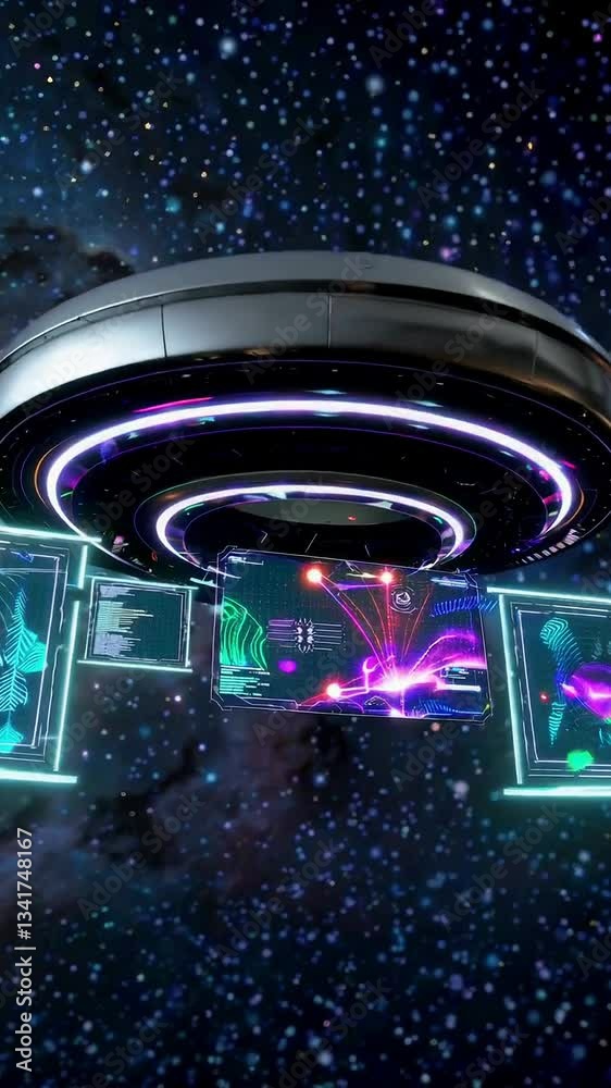 Wall mural futuristic spaceship navigates through digital galaxy with neon displays