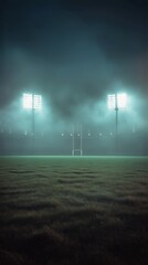 Misty Football Stadium During Dusk With Bright Lights Illuminating the Field