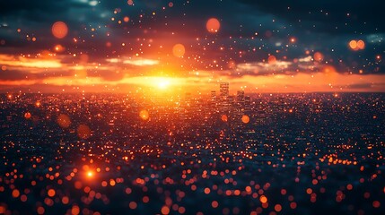 Obraz premium Glowing Cityscape at Sunset with Bokeh Lights and Dramatic Sky