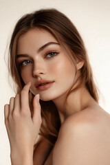 Fototapeta premium Close-up portrait of a young woman with flawless skin, soft makeup, and brown hair, gently touching her lips. Beauty, skincare, and elegance concept