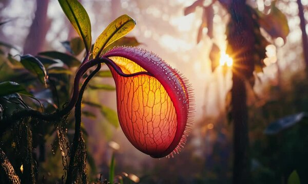 Close-up of a Nepenthes pitcher plant with dew drops at sunrise, backlit by golden sunlight; concept for botanical illustration, nature photography, and scientific publications
