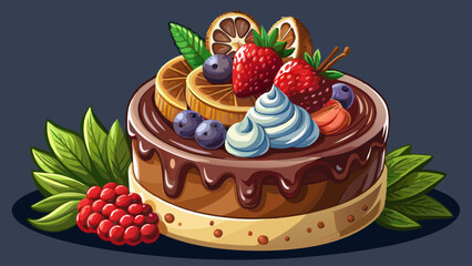 Christmas chocolate cake, a closeup photo of chocolate creamy pastries with berries on top and chocolate mousse, neutral dark background ideal for food and bakery 