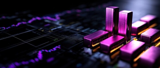 Abstract financial chart with glowing purple bars and data lines on black background.