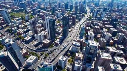 Vehicular movement flowing across multi lane highway near downtown new york city skyline, surrounded by glass and steel skyscrapers under bright summer sunlight