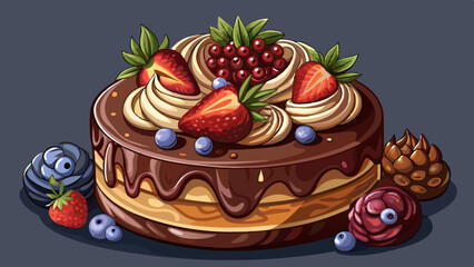 Christmas chocolate cake, a closeup photo of chocolate creamy pastries with berries on top and chocolate mousse, neutral dark background ideal for food and bakery 