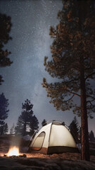 Starlit camping scene with a tent and campfire under a clear night sky