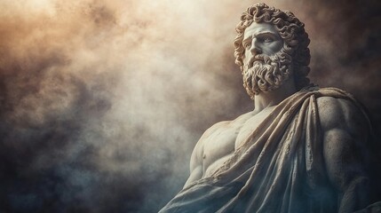 Obraz premium Mighty Zeus (Jupiter) is the supreme god of the sky, order and justice, king of the gods. He knows everything, including the future. Marble statue in the temple. Ancient mythology. 