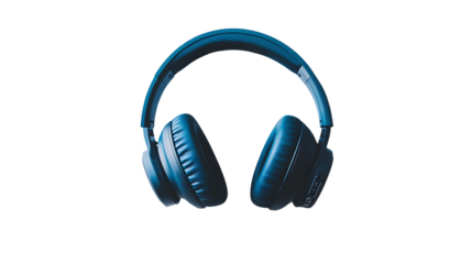 Overhead headphones are depicted on a black and color background