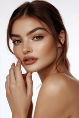 Fototapeta premium Close-up portrait of a young woman with flawless skin, soft makeup, and brown hair, touching her face. Beauty, skincare, and elegance concept