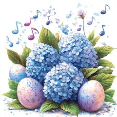 A vibrant illustration featuring blue hydrangea flowers, pastel-colored Easter eggs, and lush green leaves. Musical notes float delicately above, creating a whimsical and festive springtime scene.