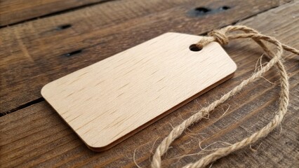 Fototapeta premium Close-up of a blank wooden tag with a string on a rustic wooden surface.
