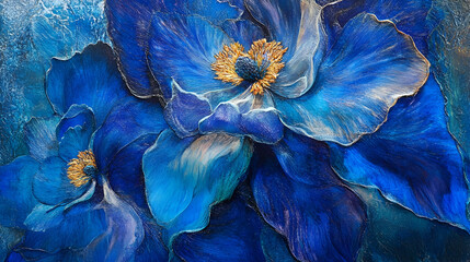Midnight blue peony with golden center and velvety folds
