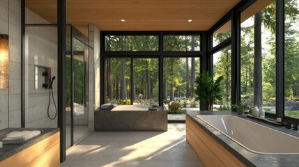 Obraz premium Modern luxury bathroom with large windows and natural light