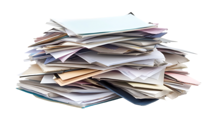Stack of paper documents of various sizes and colors