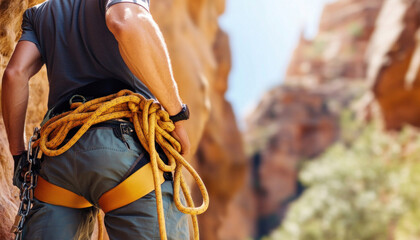Climber holding rope and getting ready for rock climbing in the canyon