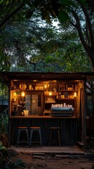 Hidden gem coffee stall in a quiet rural village, built with vintage metal sheets and reclaimed wood, warm soft lighting, surrounded by lush greenery
